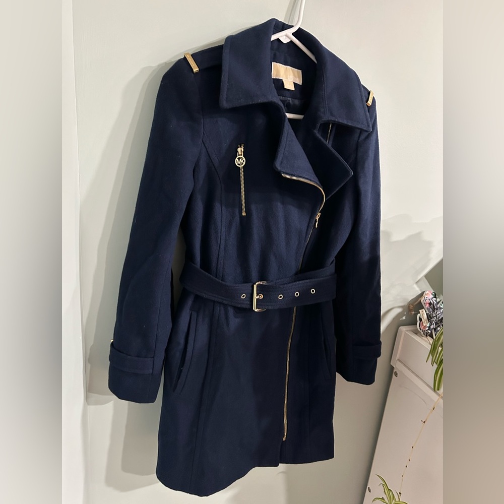 MICHAEL Michael Kors Navy Trench Coat with Gold Details